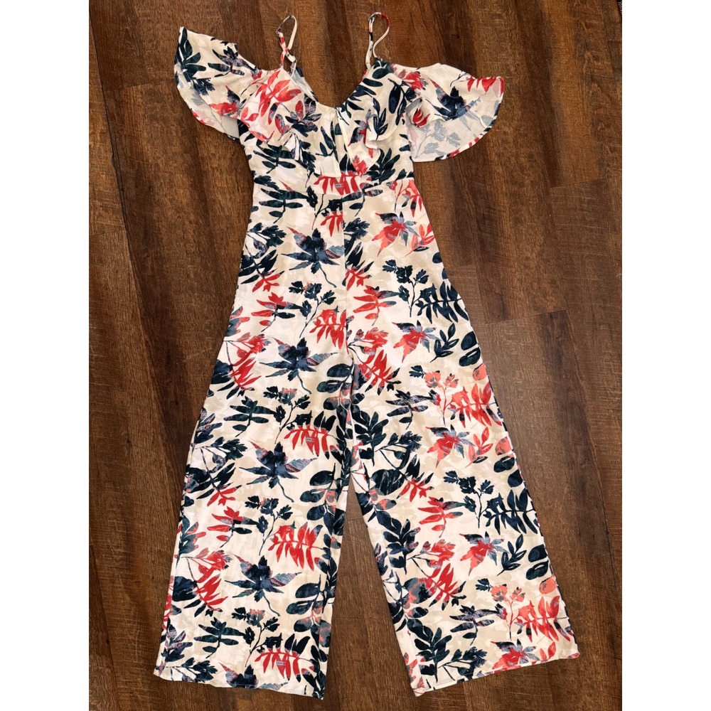Flying Tomato Floral Wide Leg Jumpsuit Romper Small Cold Shoulder Ruffle